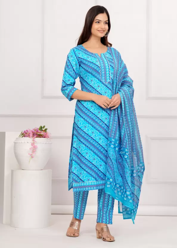 Women Pure Cotton Blue Kurta Pant Dupatta Set