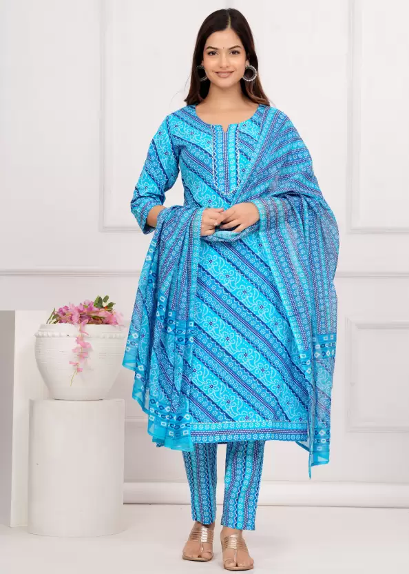 Women Pure Cotton Blue Kurta Pant Dupatta Set