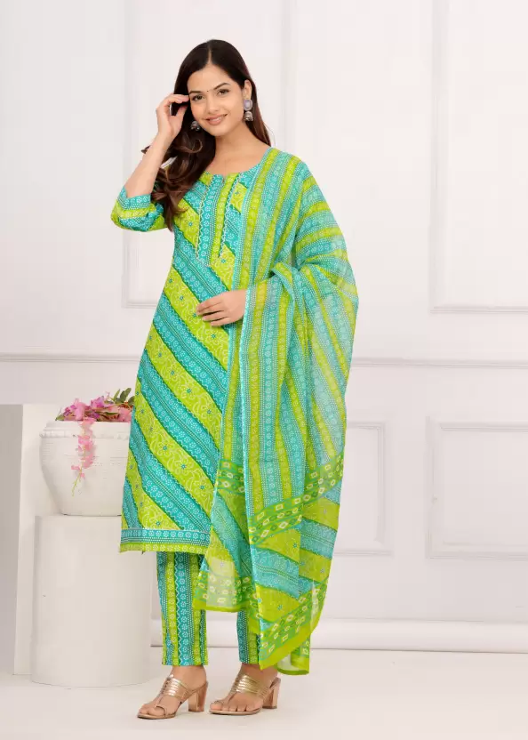 Women Pure Cotton Green Kurta Pant Dupatta Set