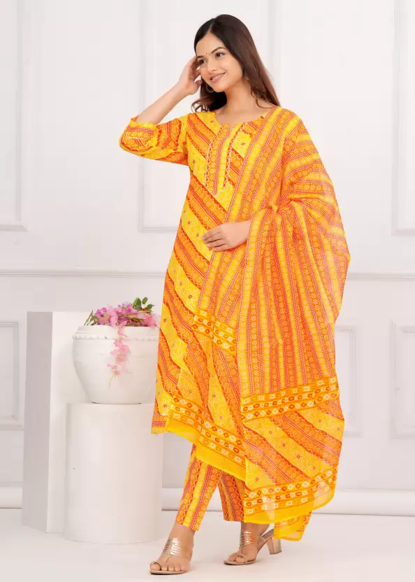 Women Pure Cotton Orange Kurta Pant Dupatta Set