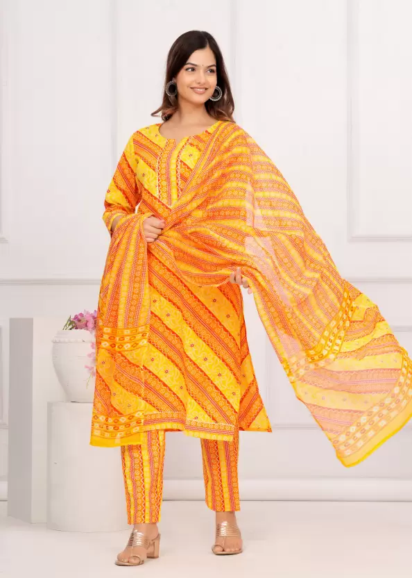 Women Pure Cotton Orange Kurta Pant Dupatta Set