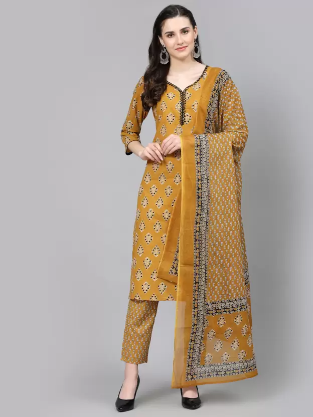 Yellow Women Pure Cotton Kurta Pant Dupatta Set