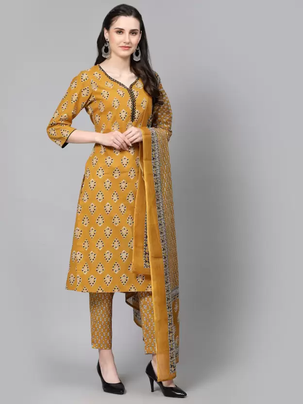 Yellow Women Pure Cotton Kurta Pant Dupatta Set