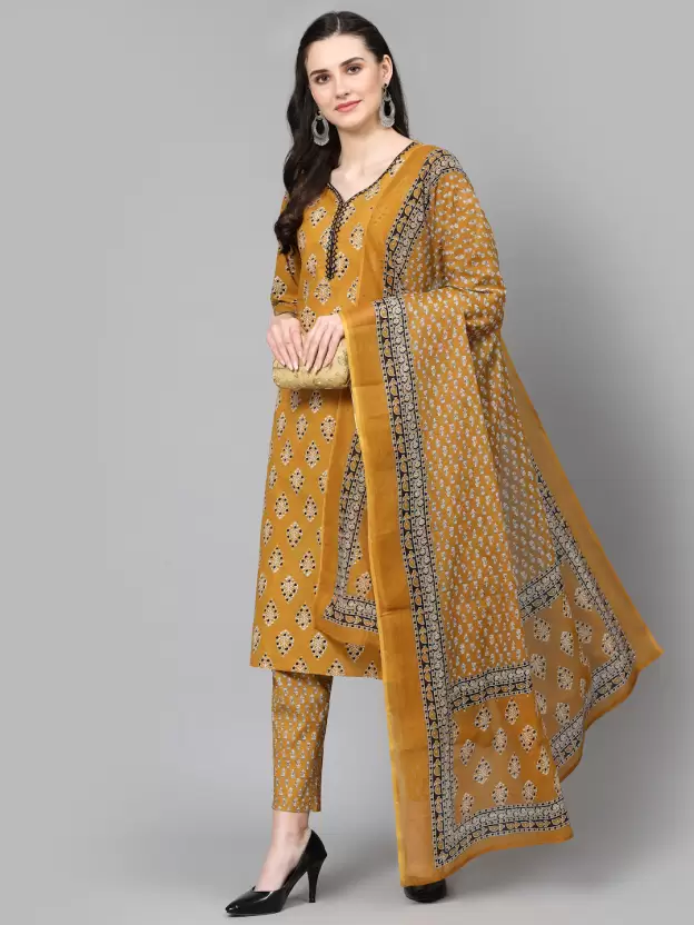 Yellow Women Pure Cotton Kurta Pant Dupatta Set