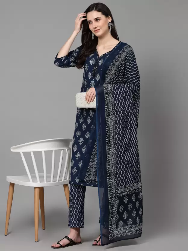 Blue Women Pure Cotton Kurta Pant Dupatta Set