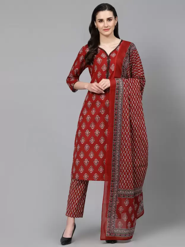 Maroon Women Pure Cotton Kurta Pant Dupatta Set