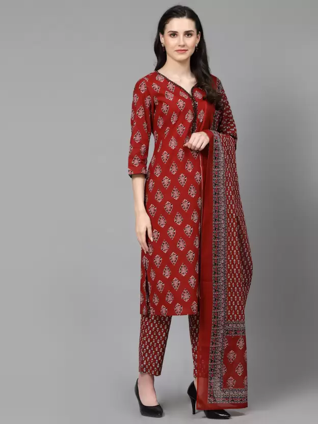 Maroon Women Pure Cotton Kurta Pant Dupatta Set