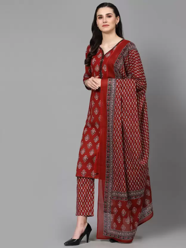 Maroon Women Pure Cotton Kurta Pant Dupatta Set