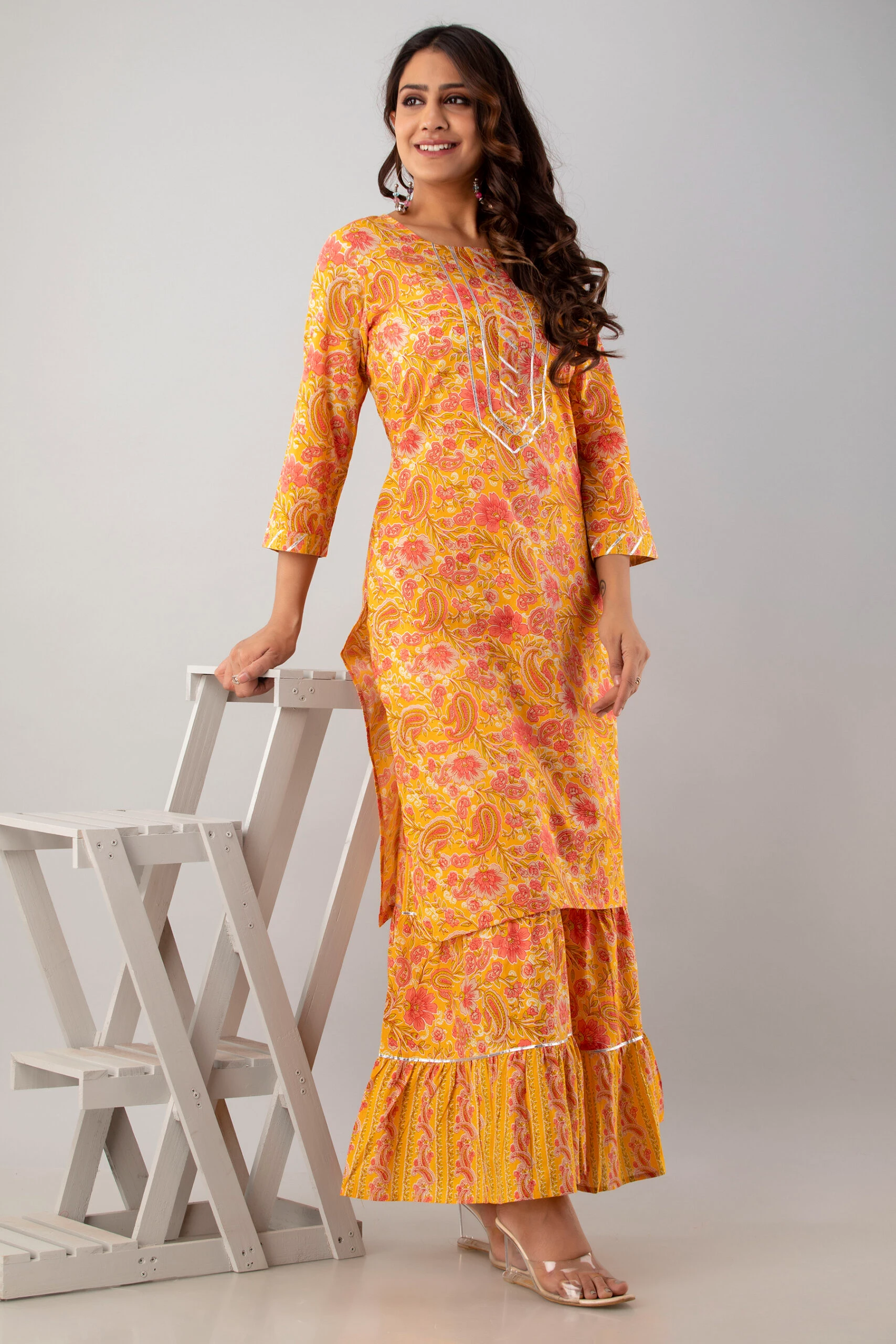 Orange Floral Print Cotton Kurta with Sharara Set