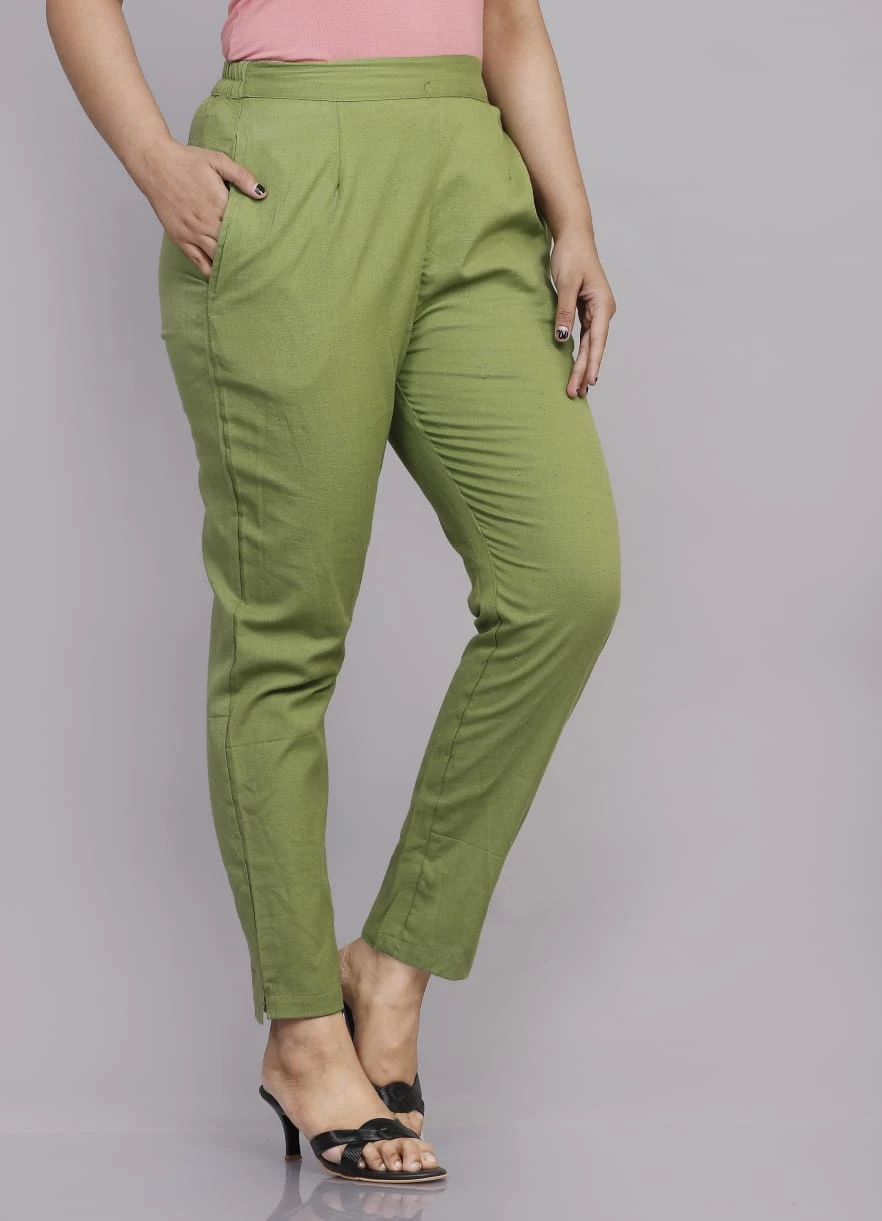 Shop Olive Green Regular Fit Cotton Trousers For Women | सादा /SAADAA