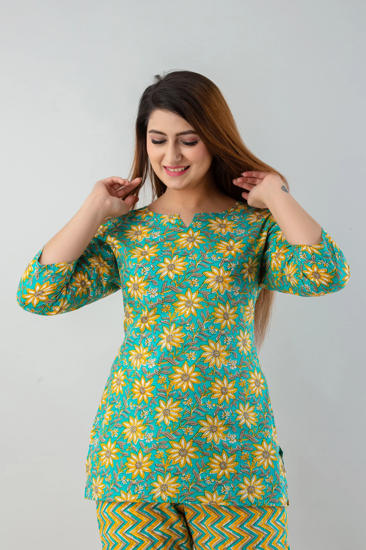 Buy 100% cotton yellow flower printed night suits for girls
