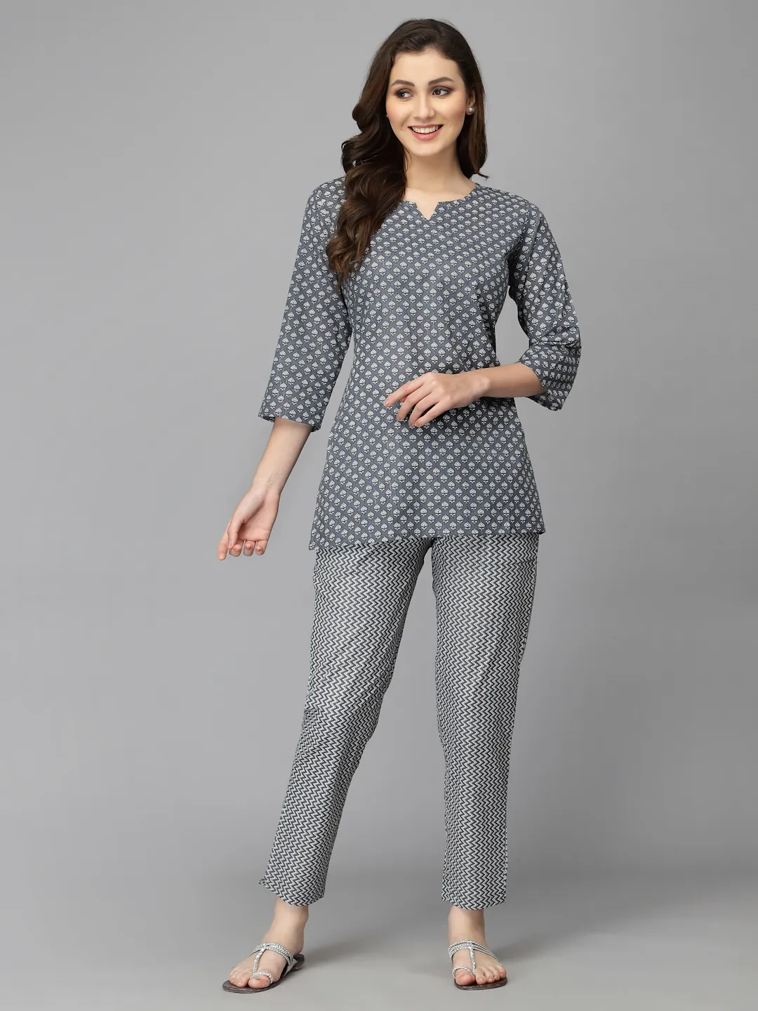 Printed Cotton night suit design for ladies Brown – Stilento